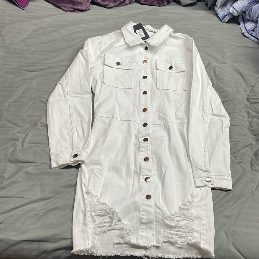 NWT White Fashion Nova distressed denim dress medium